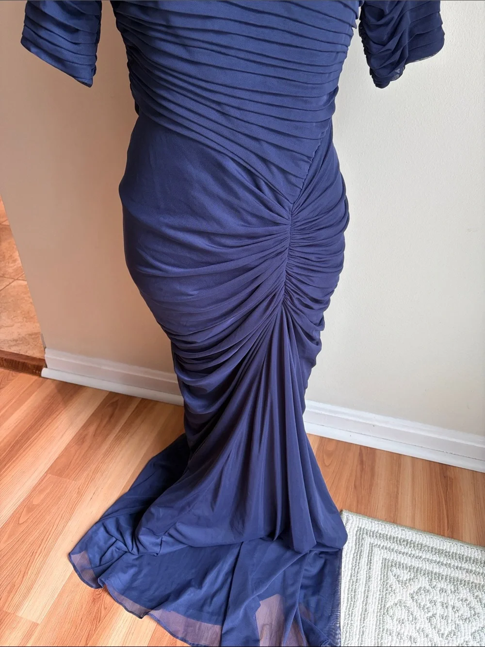 Tadashi Shoji navy blue draped mesh evening gown fitted